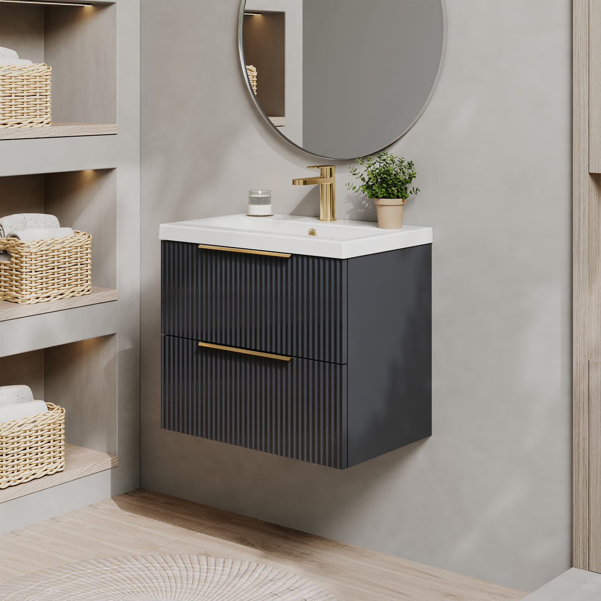 Fluted Front Wall Hung Vanity Basin Unit with Choice of Size, Colour and Handle Options