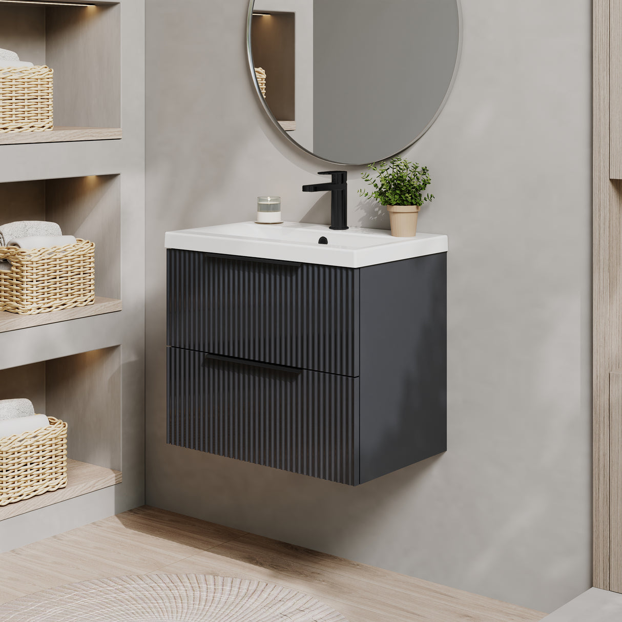 Fluted Front Wall Hung Vanity Basin Unit with Choice of Size, Colour and Handle Options
