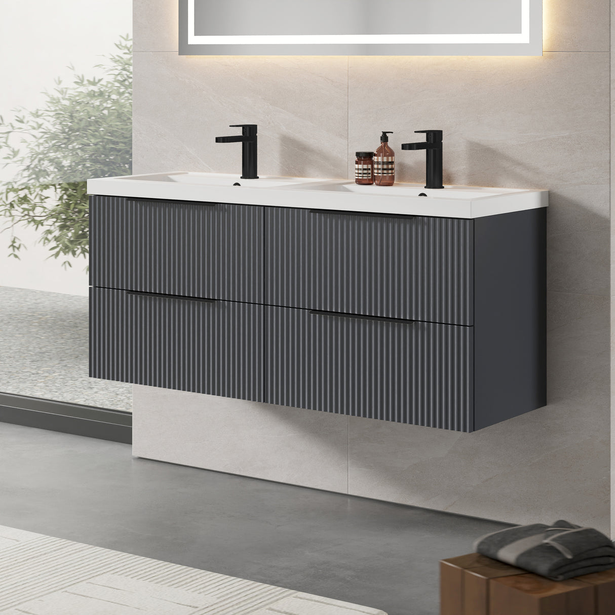 Fluted Front Wall Hung Vanity Basin Unit with Choice of Size, Colour and Handle Options