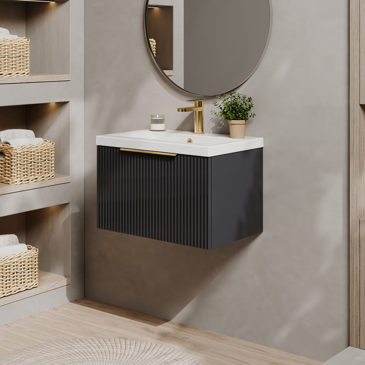 Fluted Front Wall Hung Vanity Basin Unit with Choice of Size, Colour and Handle Options