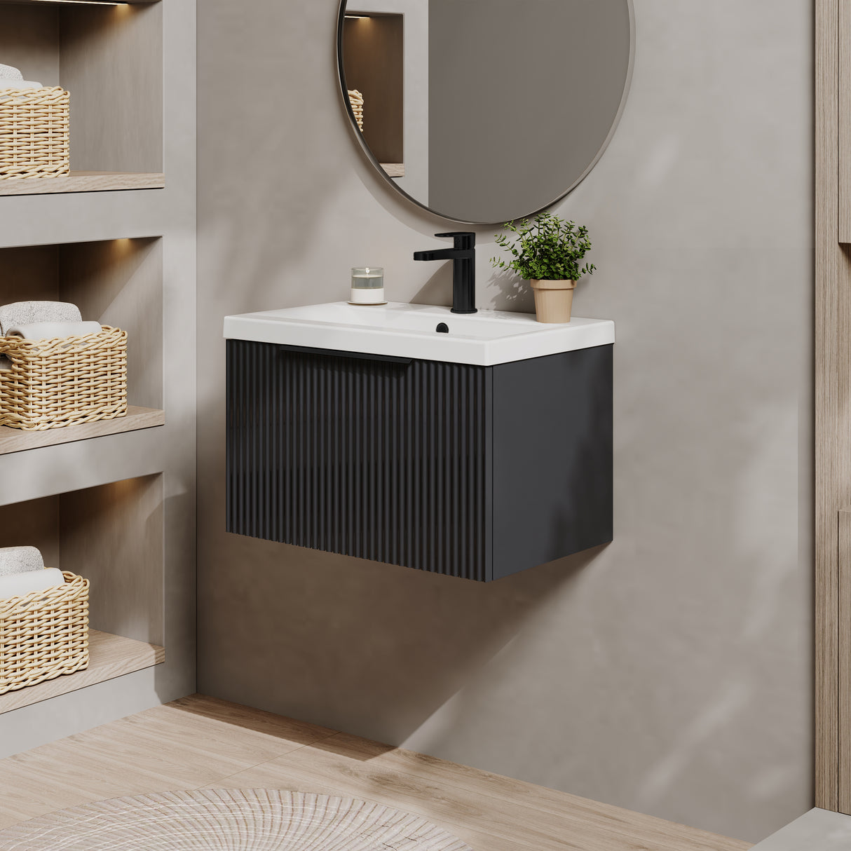 Fluted Front Wall Hung Vanity Basin Unit with Choice of Size, Colour and Handle Options