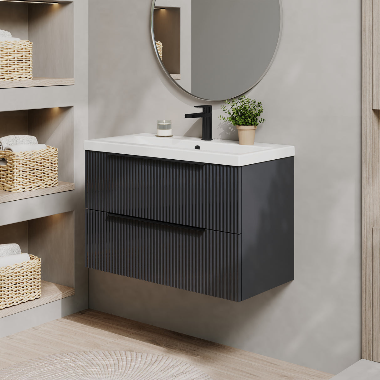 Fluted Front Wall Hung Vanity Basin Unit with Choice of Size, Colour and Handle Options