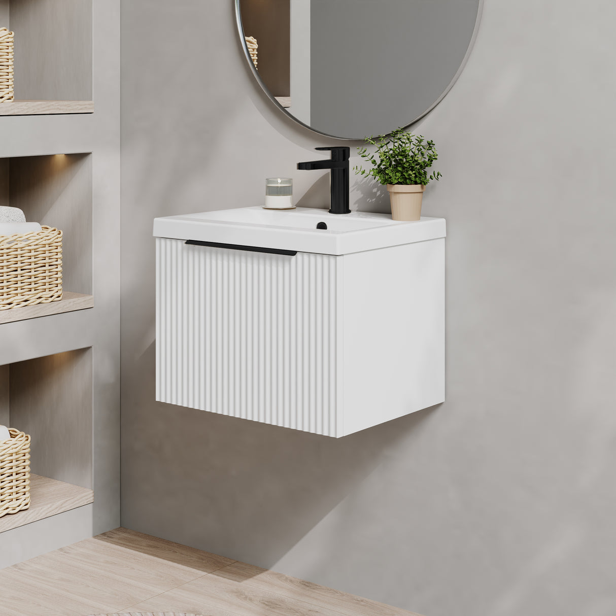 Fluted Front Wall Hung Vanity Basin Unit with Choice of Size, Colour and Handle Options
