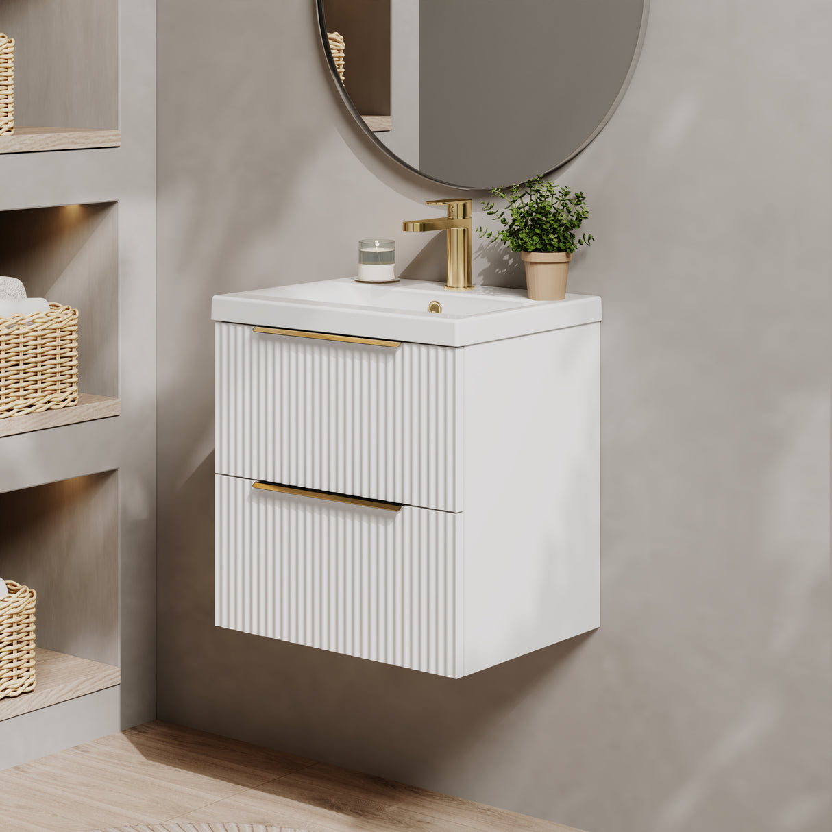 Fluted Front Wall Hung Vanity Basin Unit with Choice of Size, Colour and Handle Options