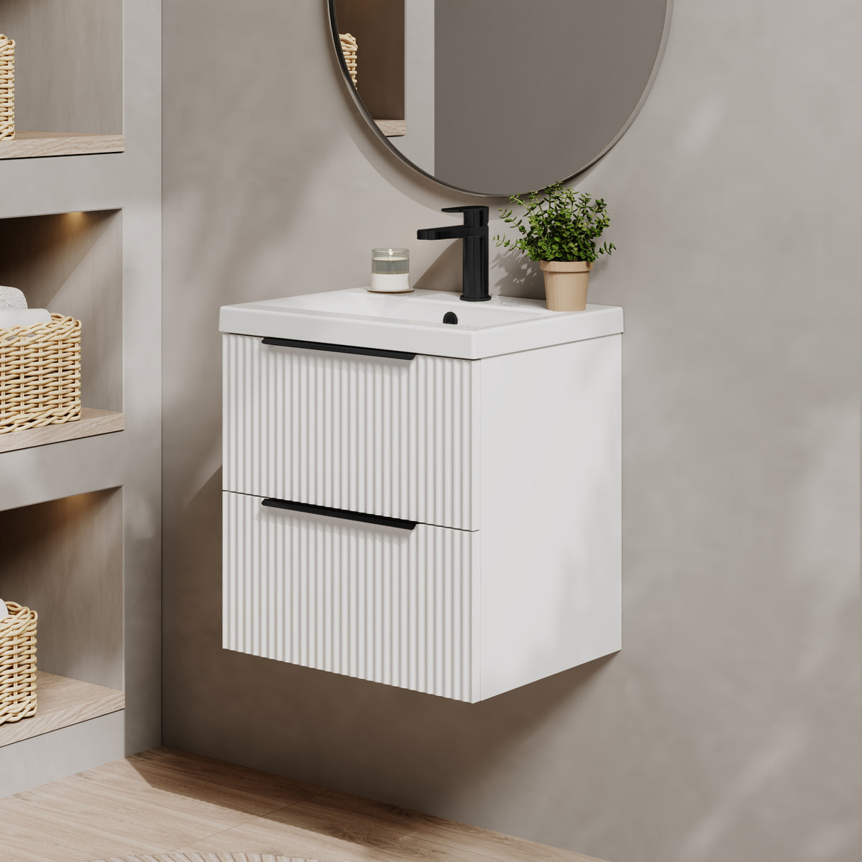 Fluted Front Wall Hung Vanity Basin Unit with Choice of Size, Colour and Handle Options