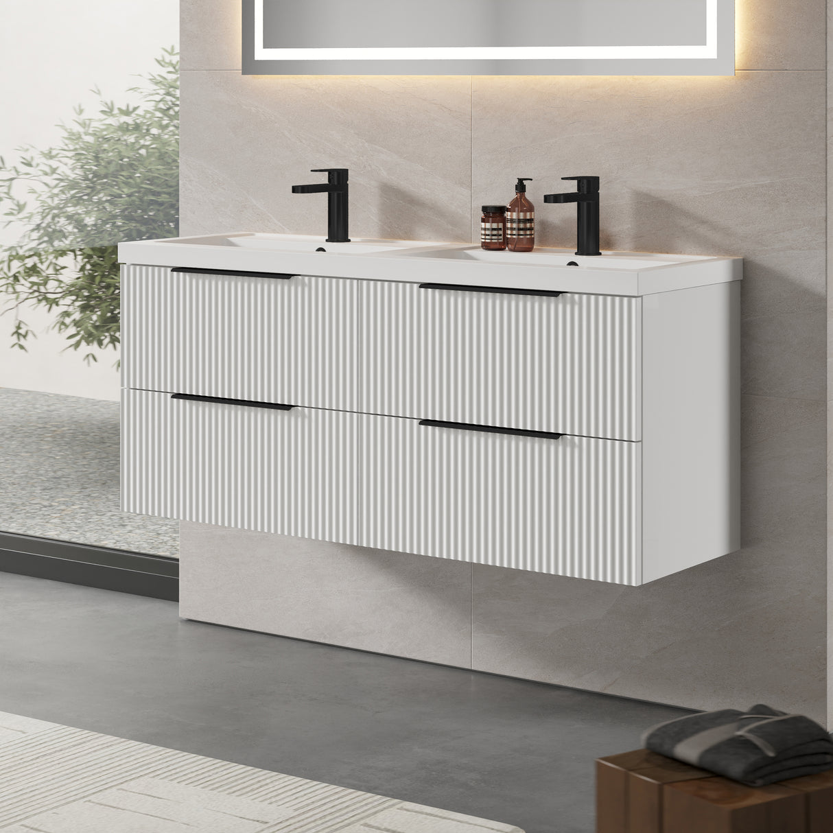 Fluted Front Wall Hung Vanity Basin Unit with Choice of Size, Colour and Handle Options