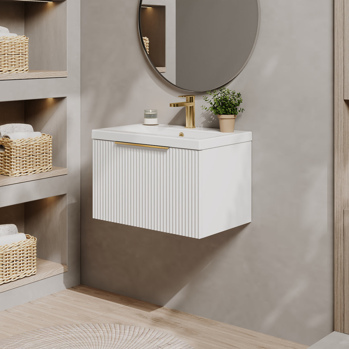 Fluted Front Wall Hung Vanity Basin Unit with Choice of Size, Colour and Handle Options