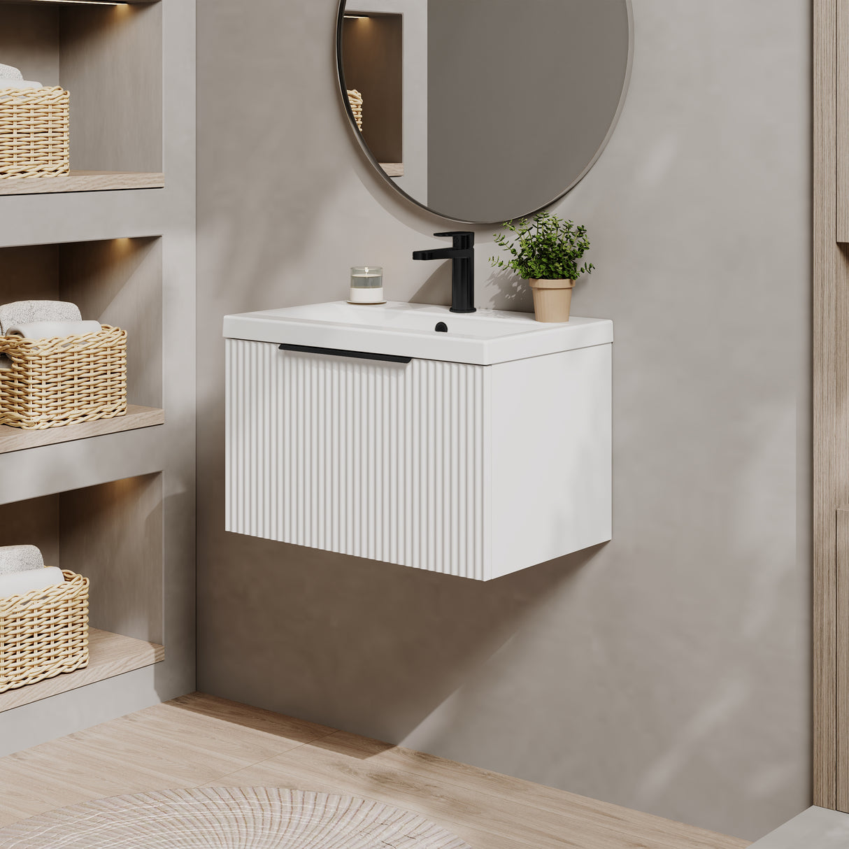 Fluted Front Wall Hung Vanity Basin Unit with Choice of Size, Colour and Handle Options