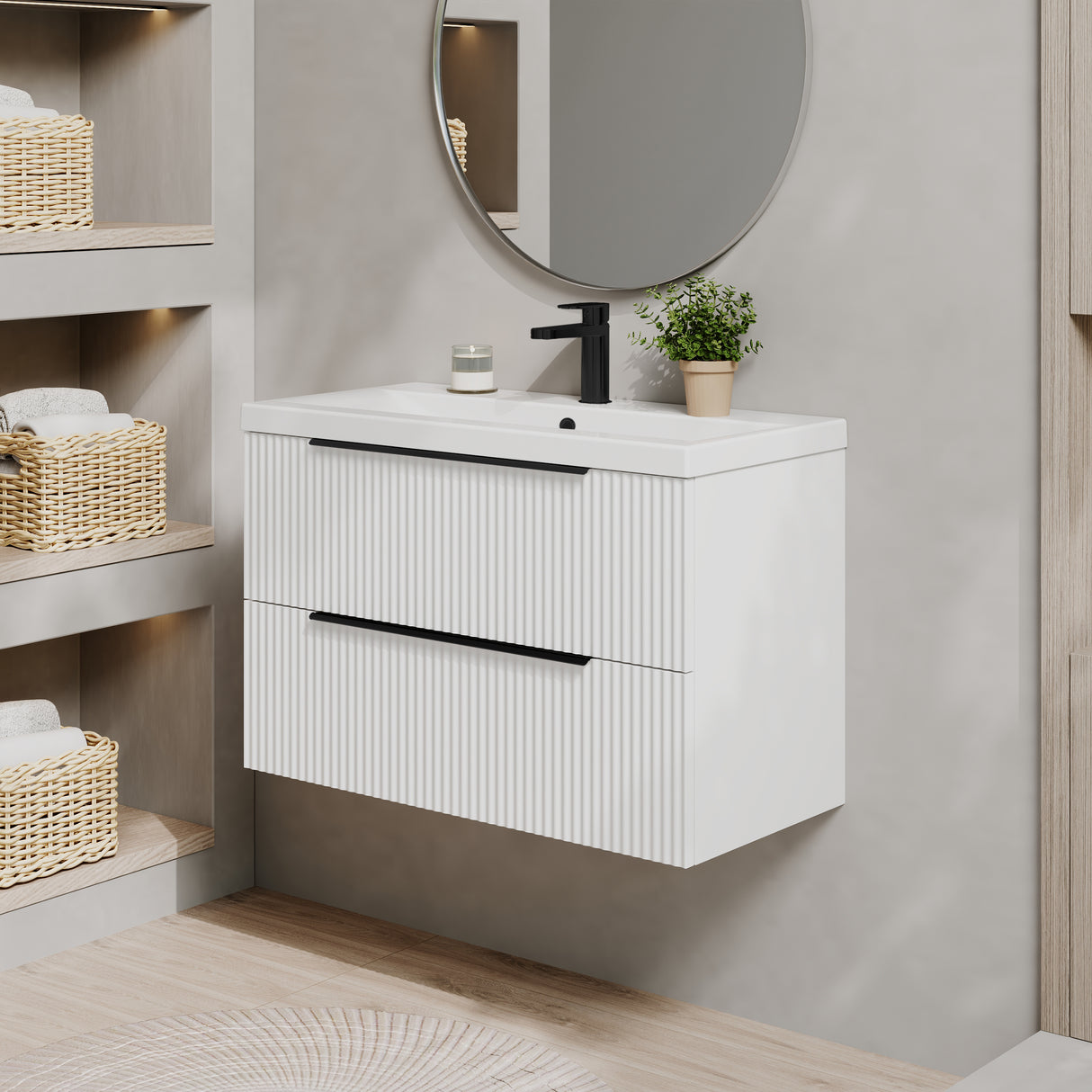 Fluted Front Wall Hung Vanity Basin Unit with Choice of Size, Colour and Handle Options