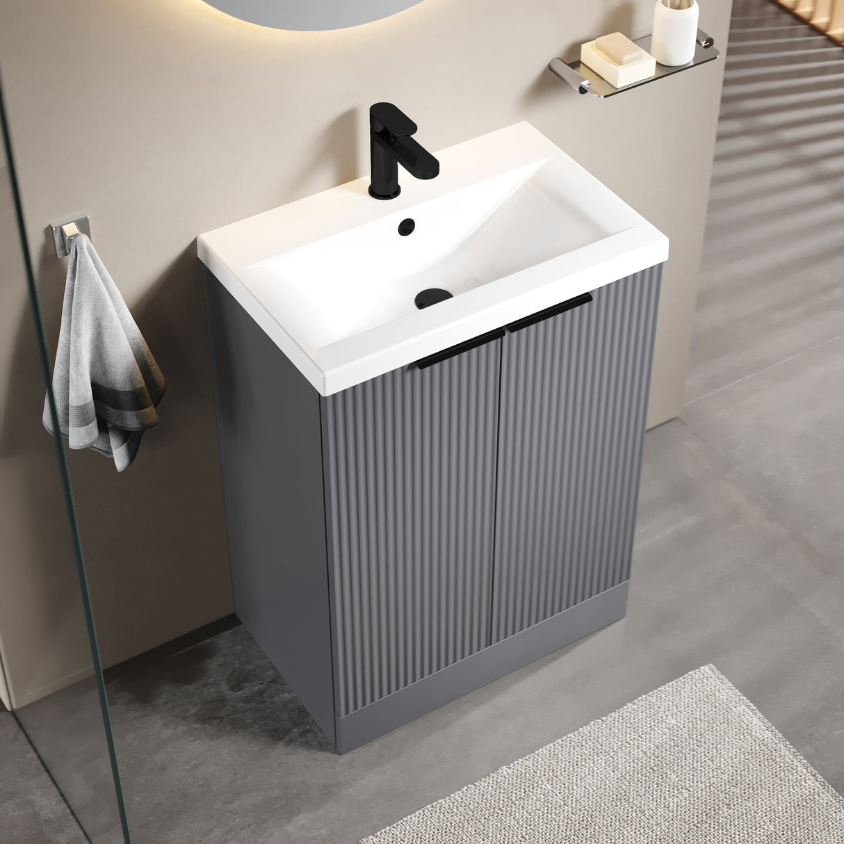Fluted Front Floor Standing Vanity Basin Unit with Choice of Size, Colour and Handle Options