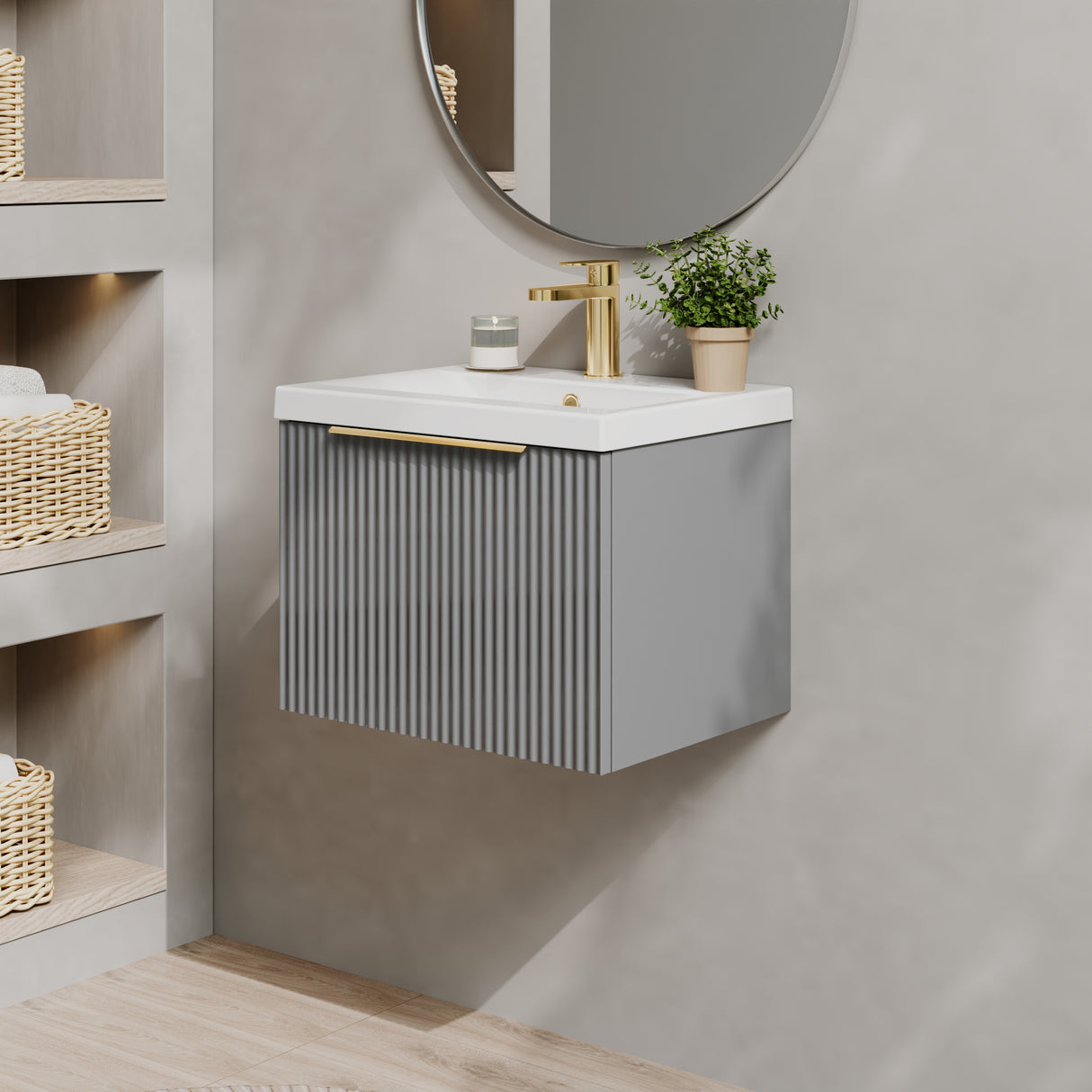Fluted Front Wall Hung Vanity Basin Unit with Choice of Size, Colour and Handle Options