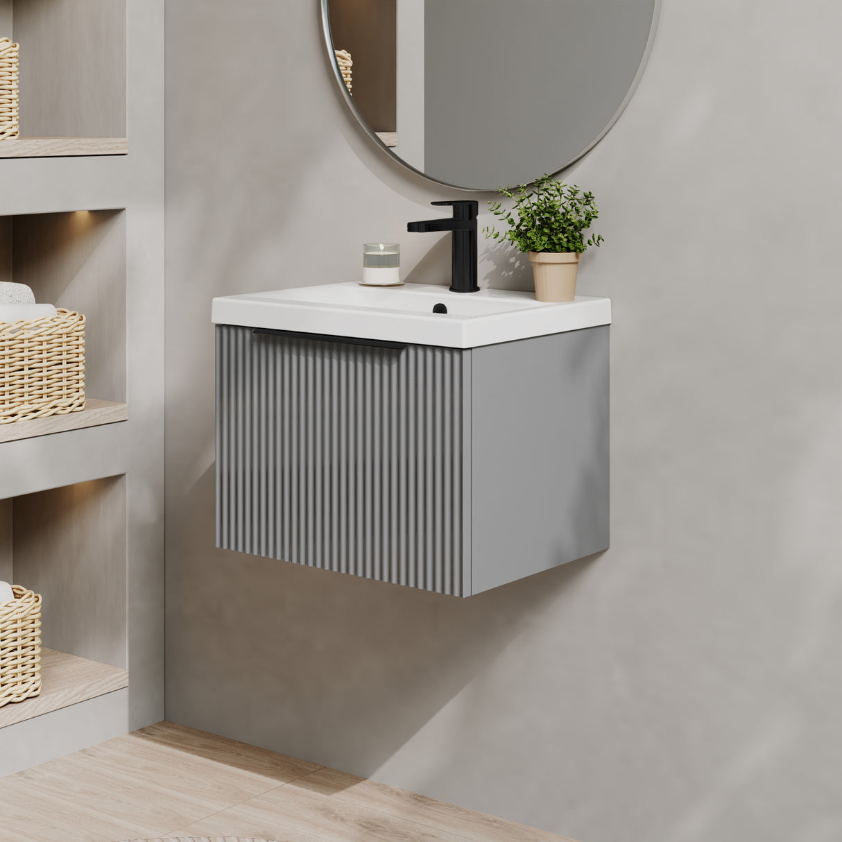 Fluted Front Wall Hung Vanity Basin Unit with Choice of Size, Colour and Handle Options