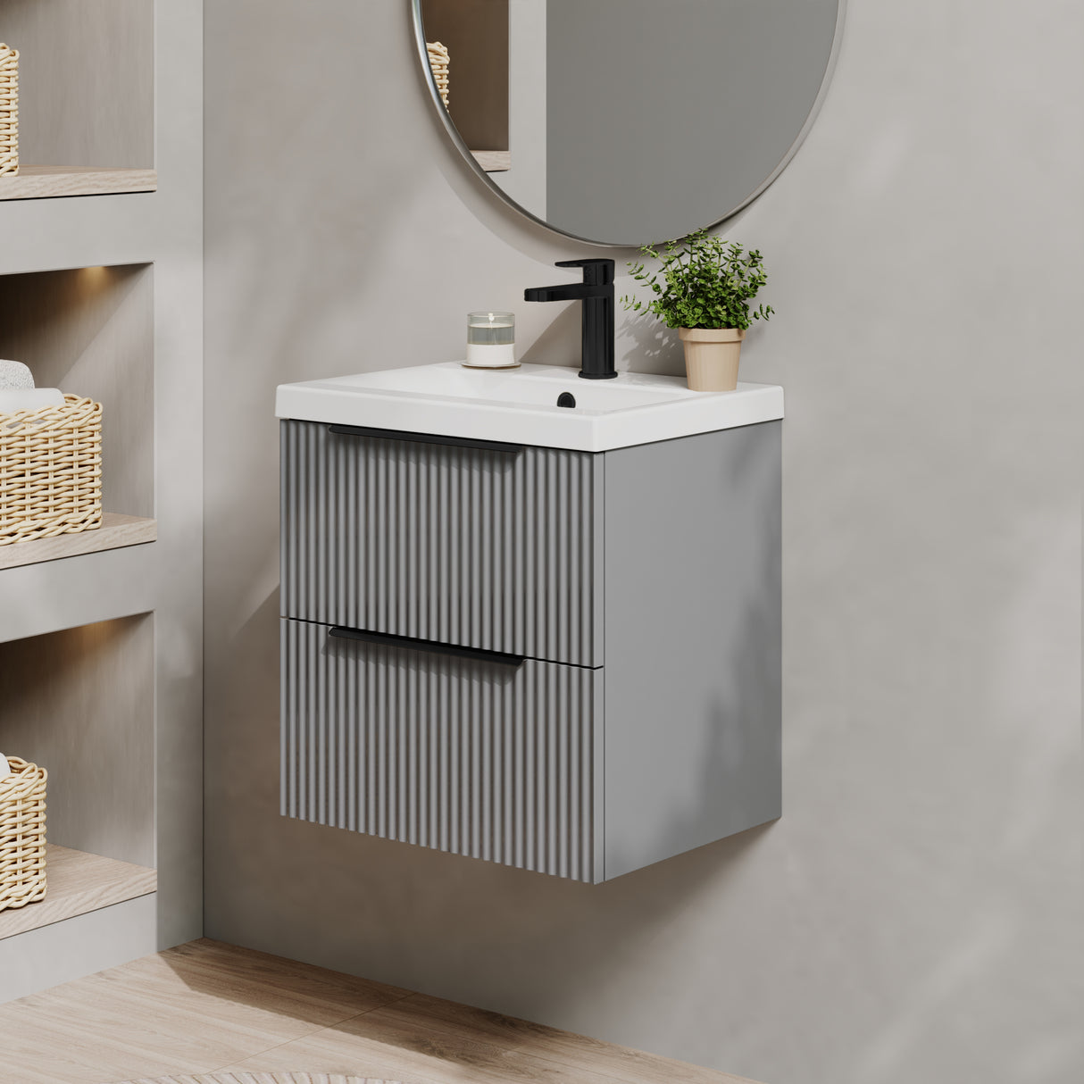 Fluted Front Wall Hung Vanity Basin Unit with Choice of Size, Colour and Handle Options