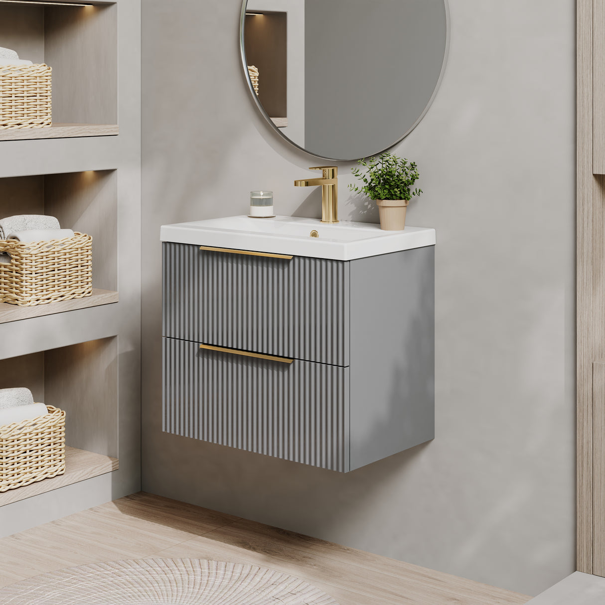 Fluted Front Wall Hung Vanity Basin Unit with Choice of Size, Colour and Handle Options
