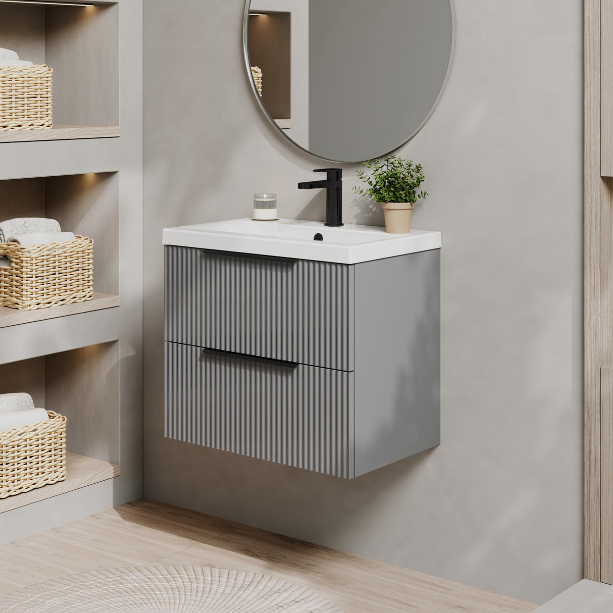 Fluted Front Wall Hung Vanity Basin Unit with Choice of Size, Colour and Handle Options