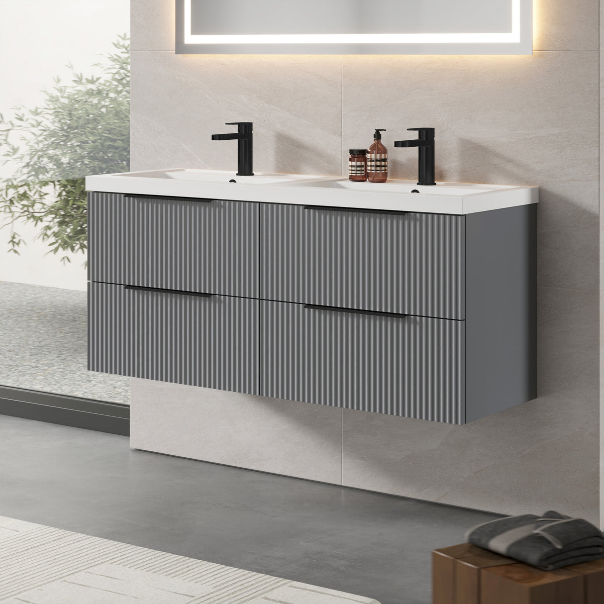 Fluted Front Wall Hung Vanity Basin Unit with Choice of Size, Colour and Handle Options