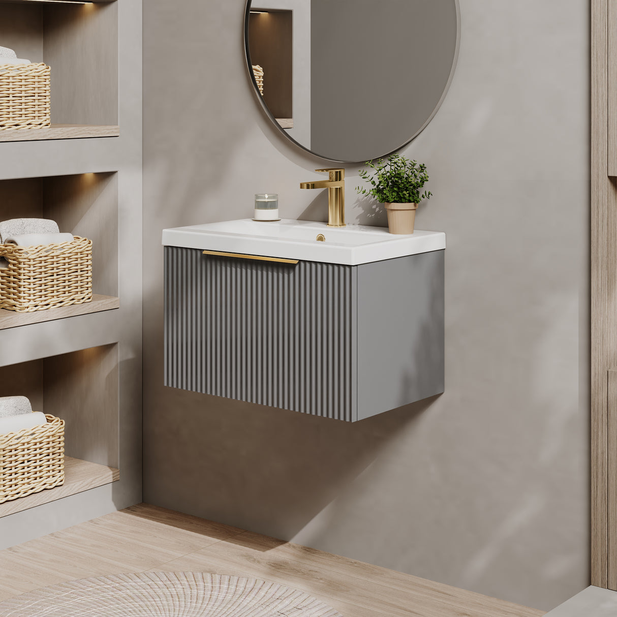 Fluted Front Wall Hung Vanity Basin Unit with Choice of Size, Colour and Handle Options