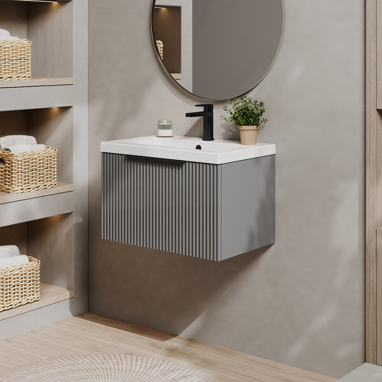 Fluted Front Wall Hung Vanity Basin Unit with Choice of Size, Colour and Handle Options
