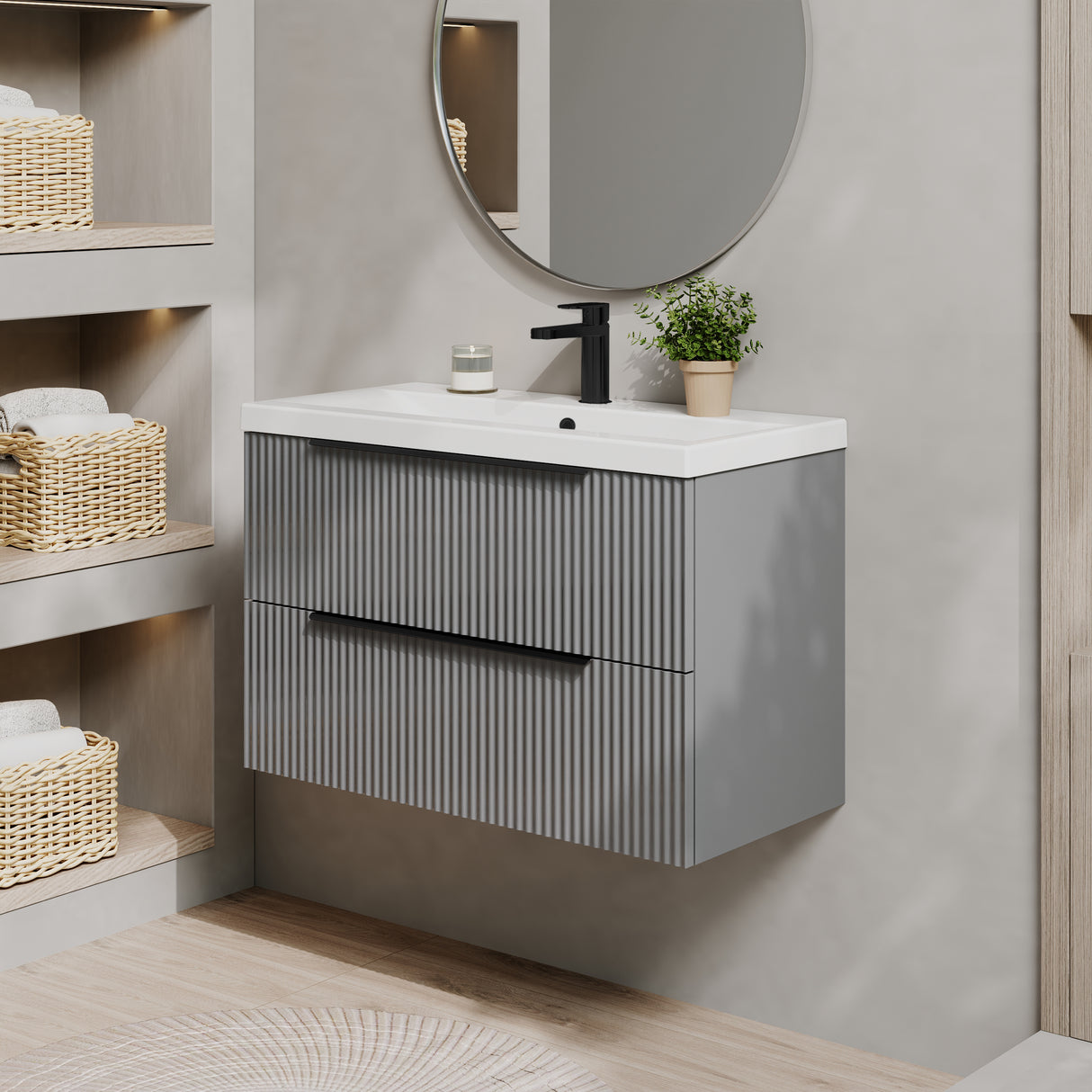 Fluted Front Wall Hung Vanity Basin Unit with Choice of Size, Colour and Handle Options