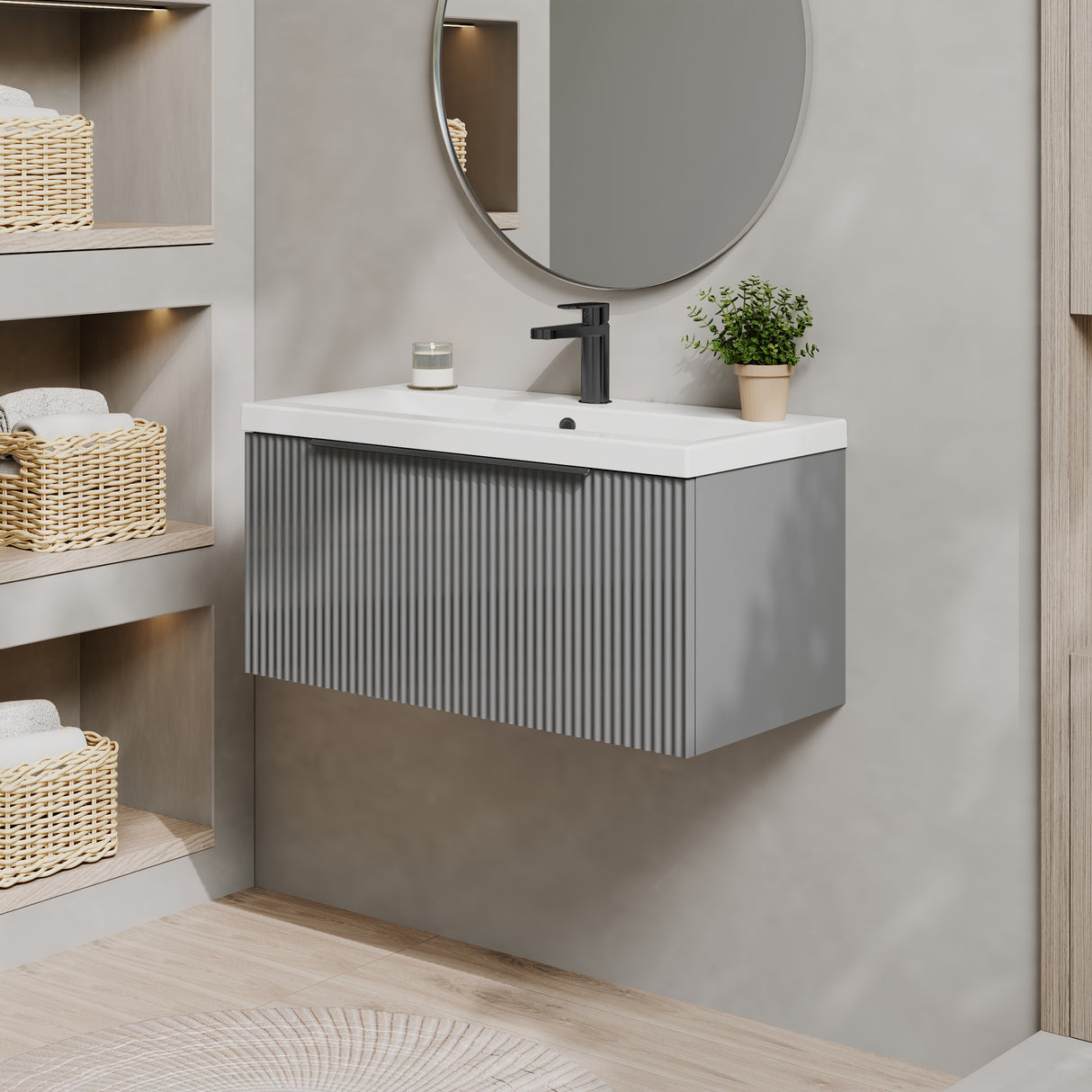 Fluted Front Wall Hung Vanity Basin Unit with Choice of Size, Colour and Handle Options