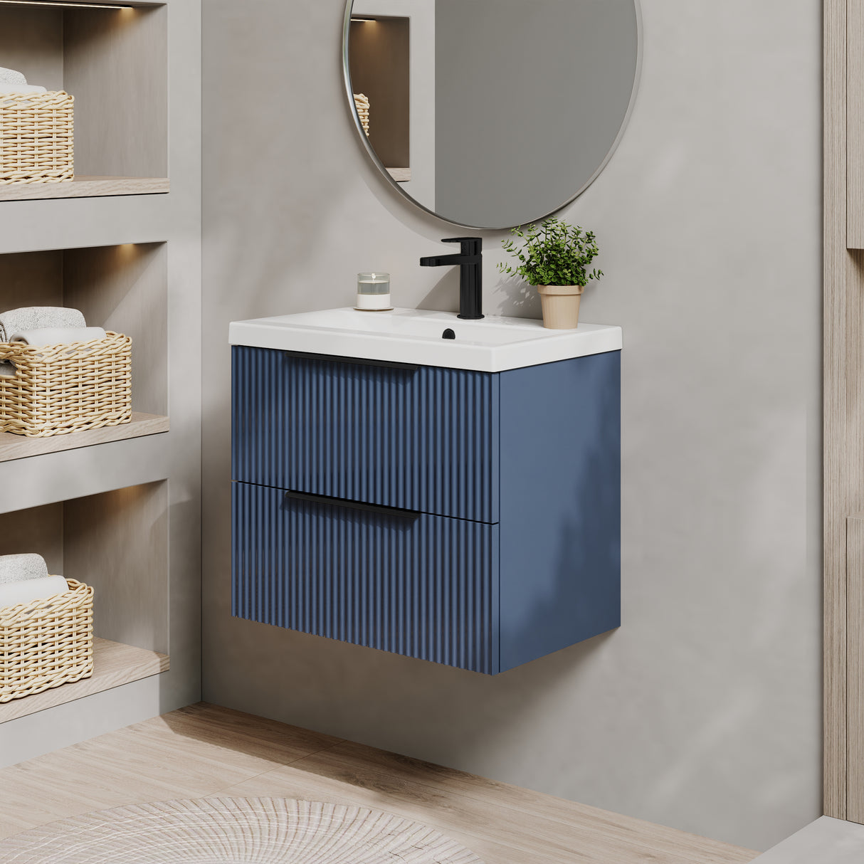 Fluted Front Wall Hung Vanity Basin Unit with Choice of Size, Colour and Handle Options