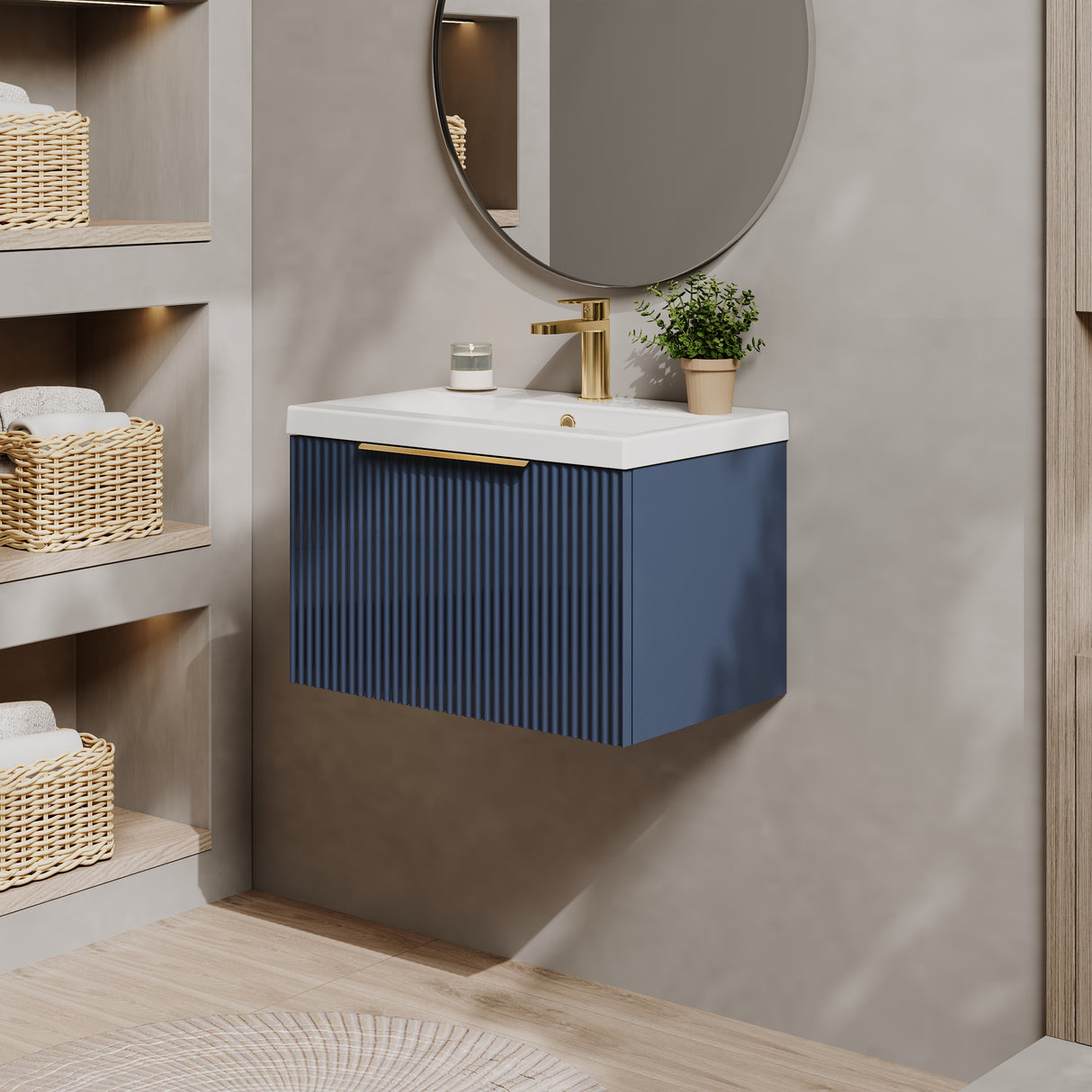 Fluted Front Wall Hung Vanity Basin Unit with Choice of Size, Colour and Handle Options