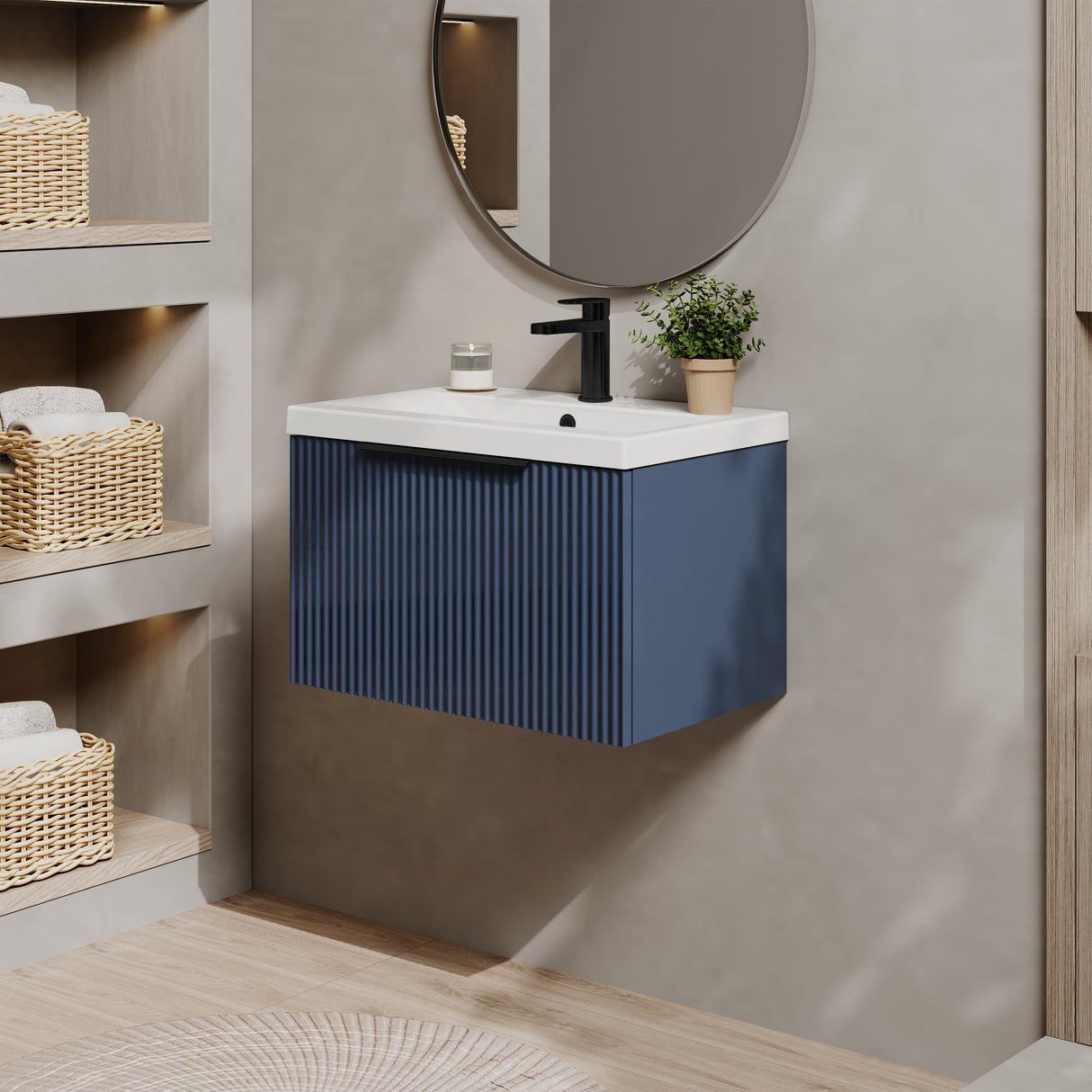 Fluted Front Wall Hung Vanity Basin Unit with Choice of Size, Colour and Handle Options