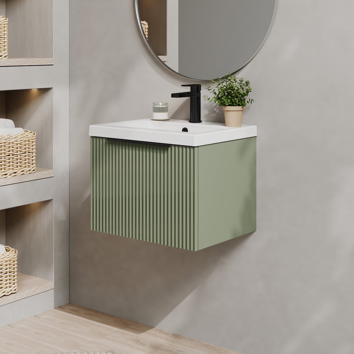 Fluted Front Wall Hung Vanity Basin Unit with Choice of Size, Colour and Handle Options