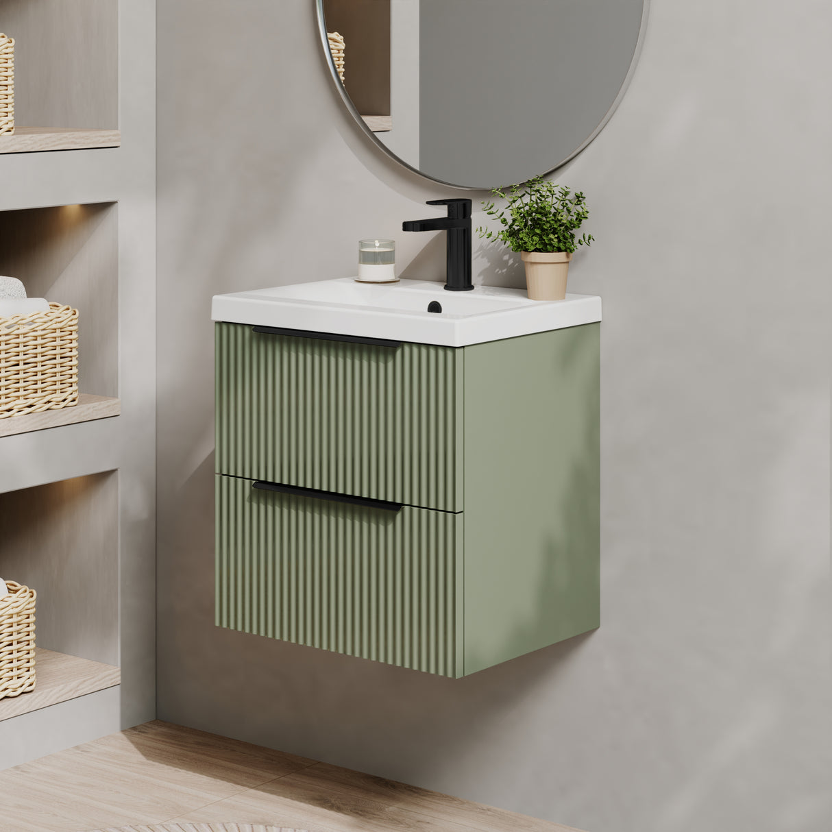 Fluted Front Wall Hung Vanity Basin Unit with Choice of Size, Colour and Handle Options