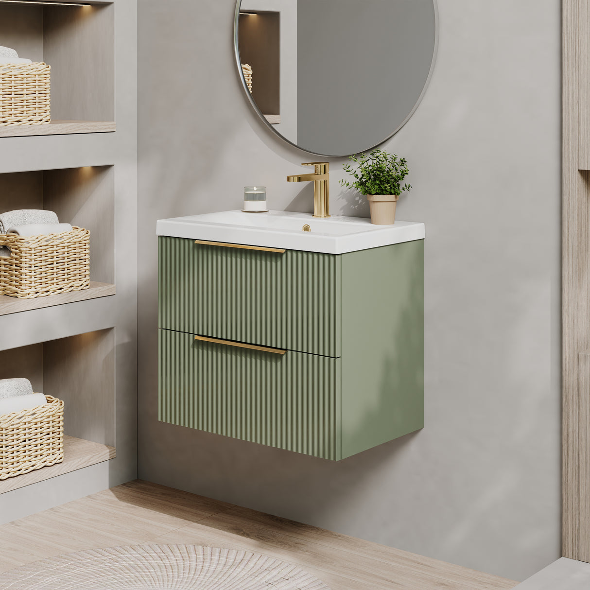 Fluted Front Wall Hung Vanity Basin Unit with Choice of Size, Colour and Handle Options