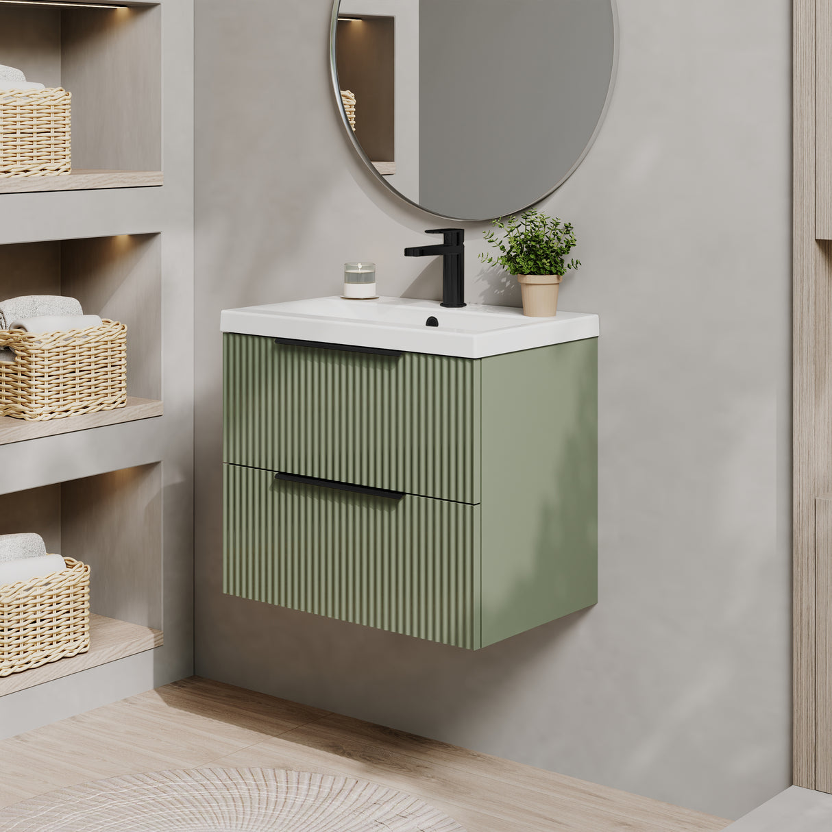 Fluted Front Wall Hung Vanity Basin Unit with Choice of Size, Colour and Handle Options