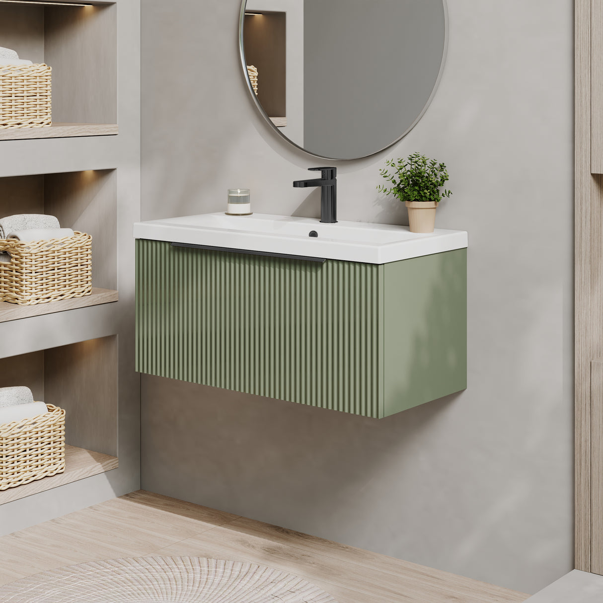 Fluted Front Wall Hung Vanity Basin Unit with Choice of Size, Colour and Handle Options