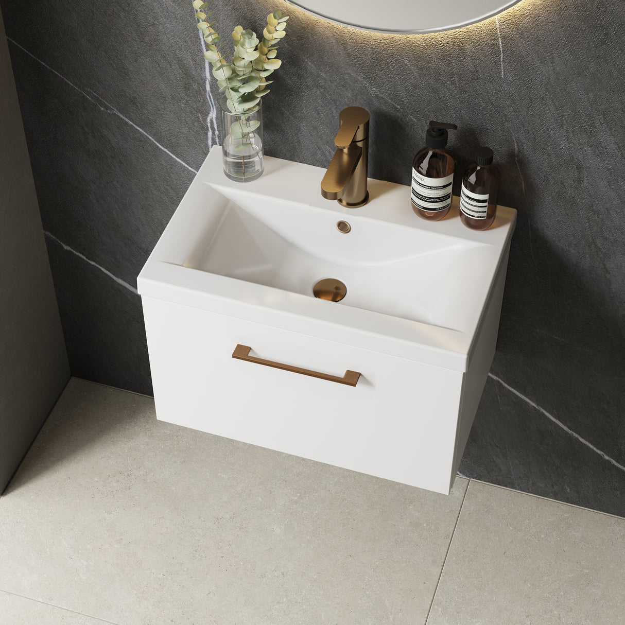 Wall Hung 1 Drawer Vanity Unit with Mid-Edge Ceramic Basin - Choice of Colour, Handle Finish and Size