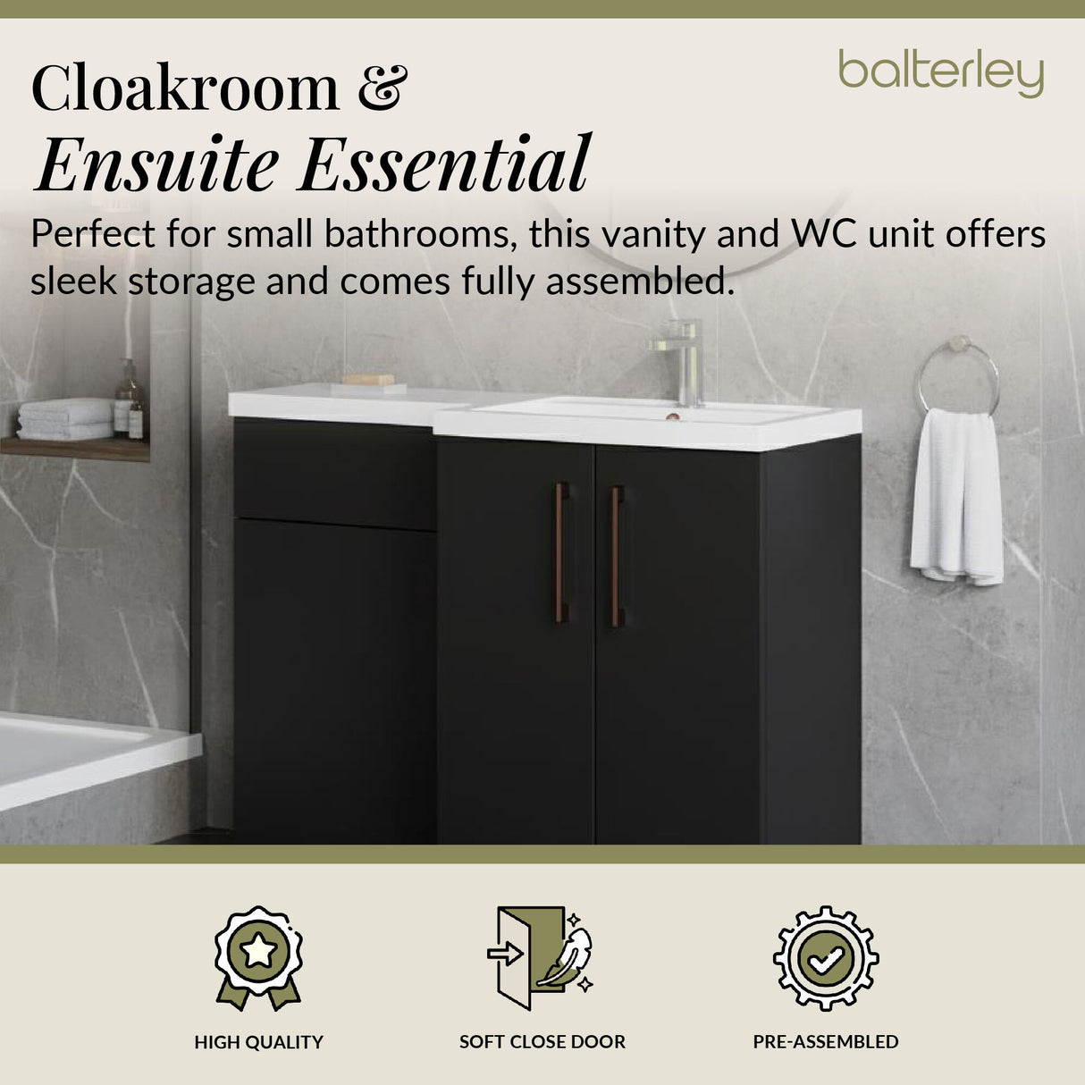 Bathroom Combination Vanity Unit with Basin & WC, Right Hand, 1100mm x 390mm - Choice of Colour and Handle Finish