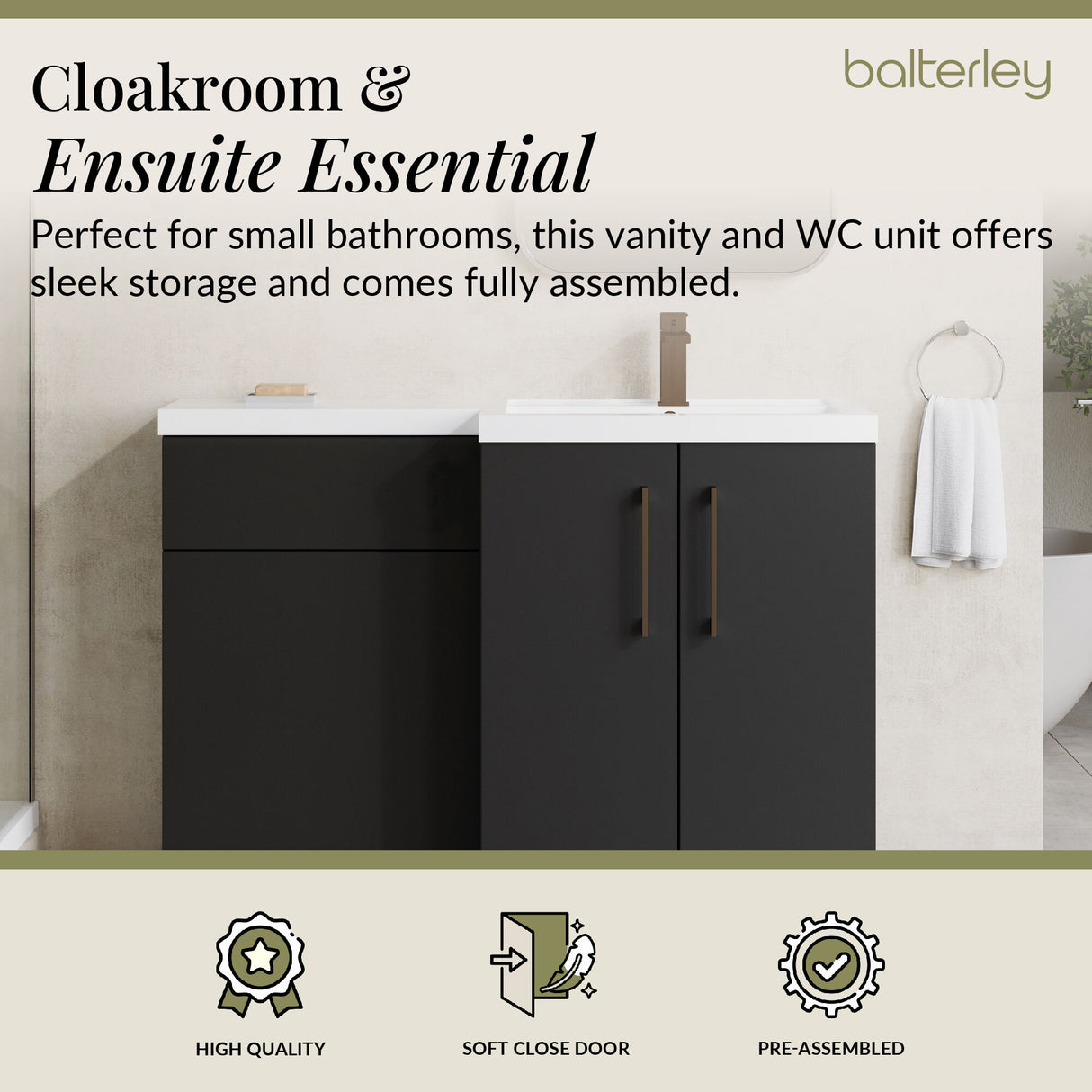 Bathroom Combination Vanity Unit with Basin & WC, Right Hand, 1100mm x 390mm - Choice of Colour and Handle Finish