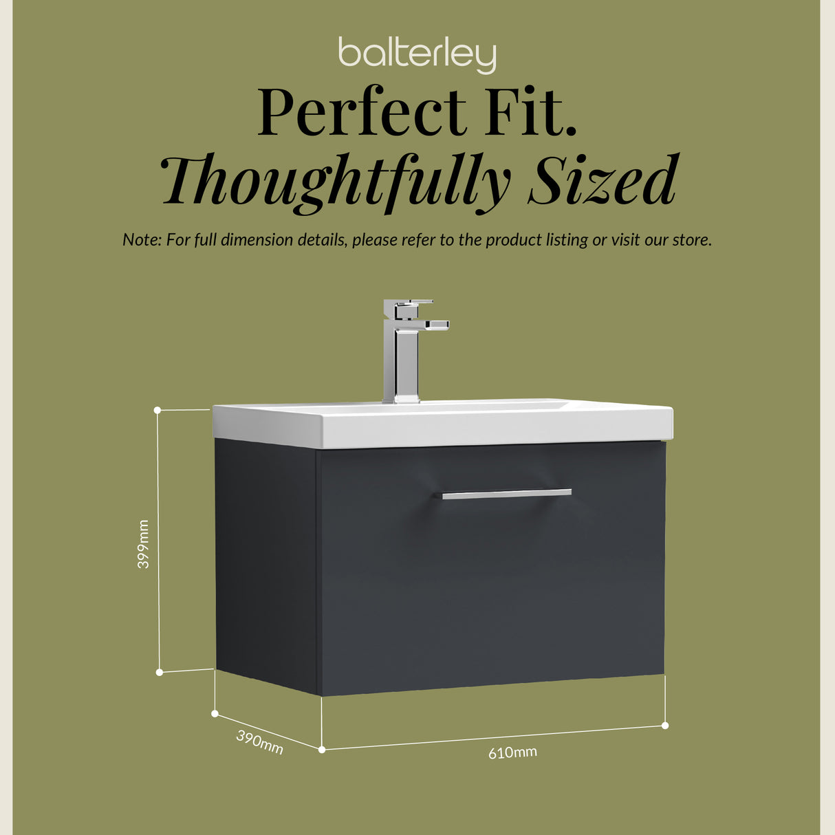 Wall Hung 1 Drawer Vanity Unit with Mid-Edge Ceramic Basin - Choice of Colour, Handle Finish and Size