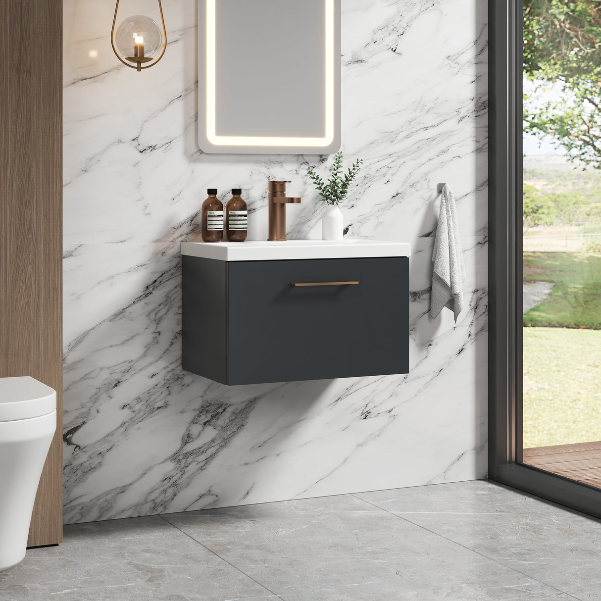 Wall Hung 1 Drawer Vanity Unit with Mid-Edge Ceramic Basin - Choice of Colour, Handle Finish and Size