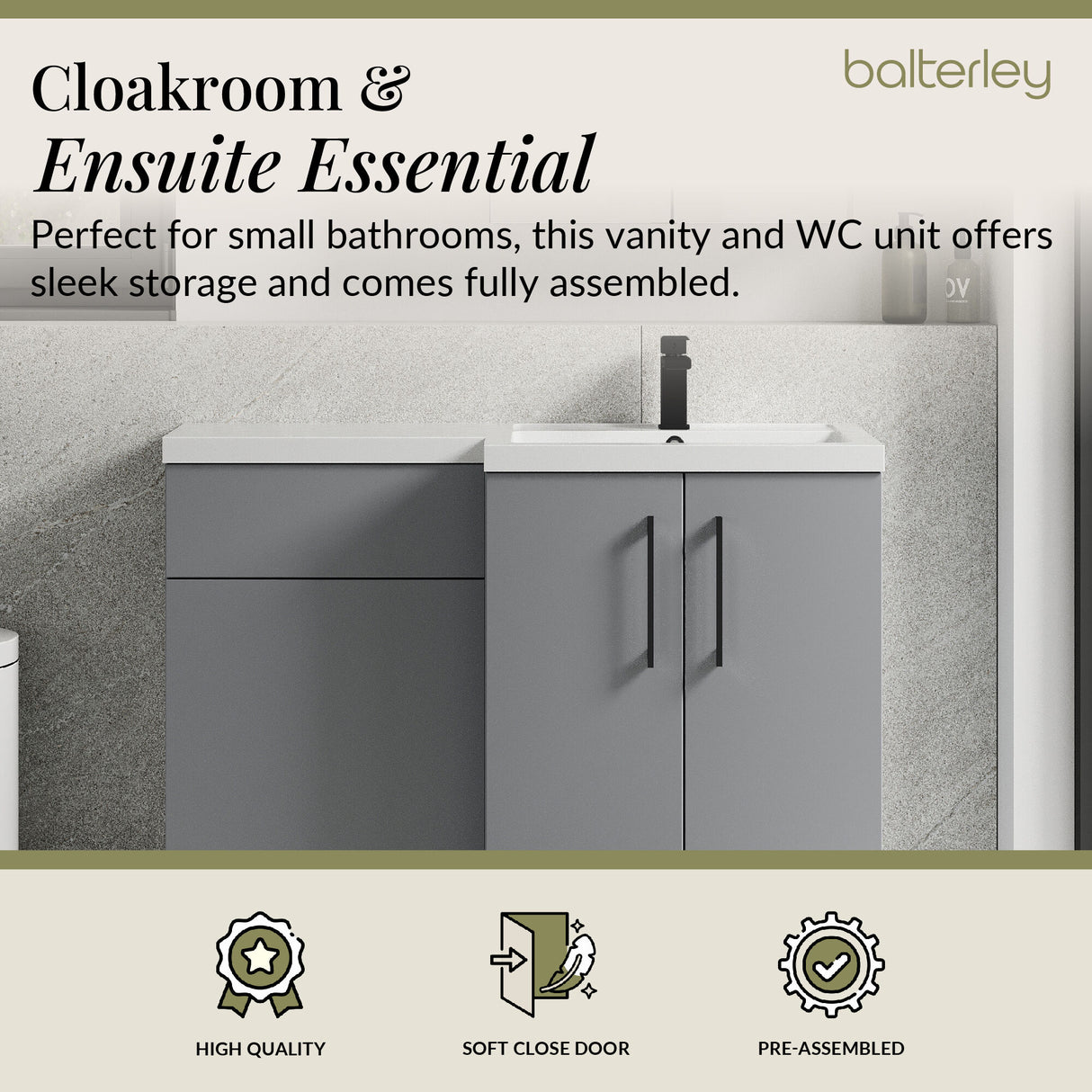 Bathroom Combination Vanity Unit with Basin & WC, Right Hand, 1100mm x 390mm - Choice of Colour and Handle Finish