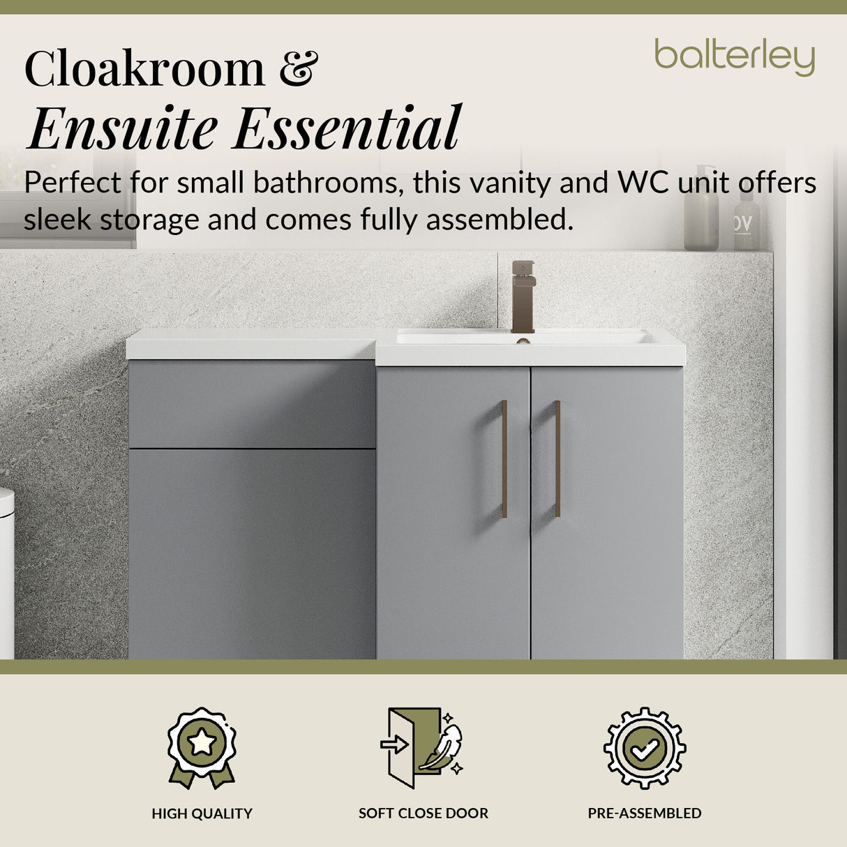 Bathroom Combination Vanity Unit with Basin & WC, Right Hand, 1100mm x 390mm - Choice of Colour and Handle Finish