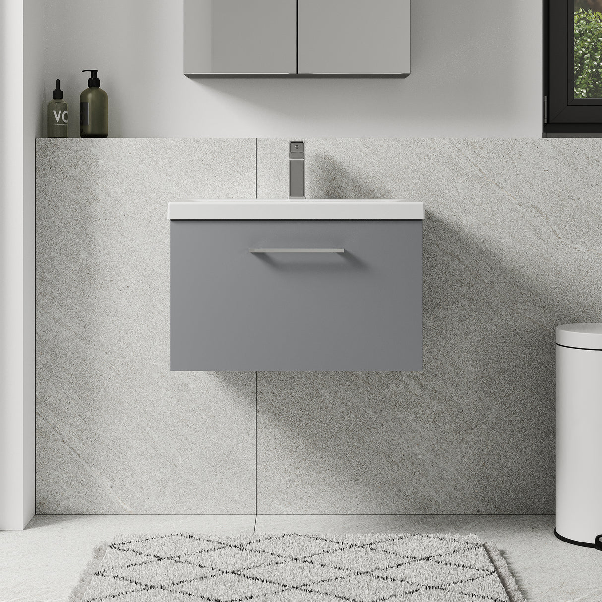 Wall Hung 1 Drawer Vanity Unit with Mid-Edge Ceramic Basin - Choice of Colour, Handle Finish and Size