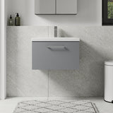 Wall Hung 1 Drawer Vanity Unit with Mid-Edge Ceramic Basin - Choice of Colour, Handle Finish and Size