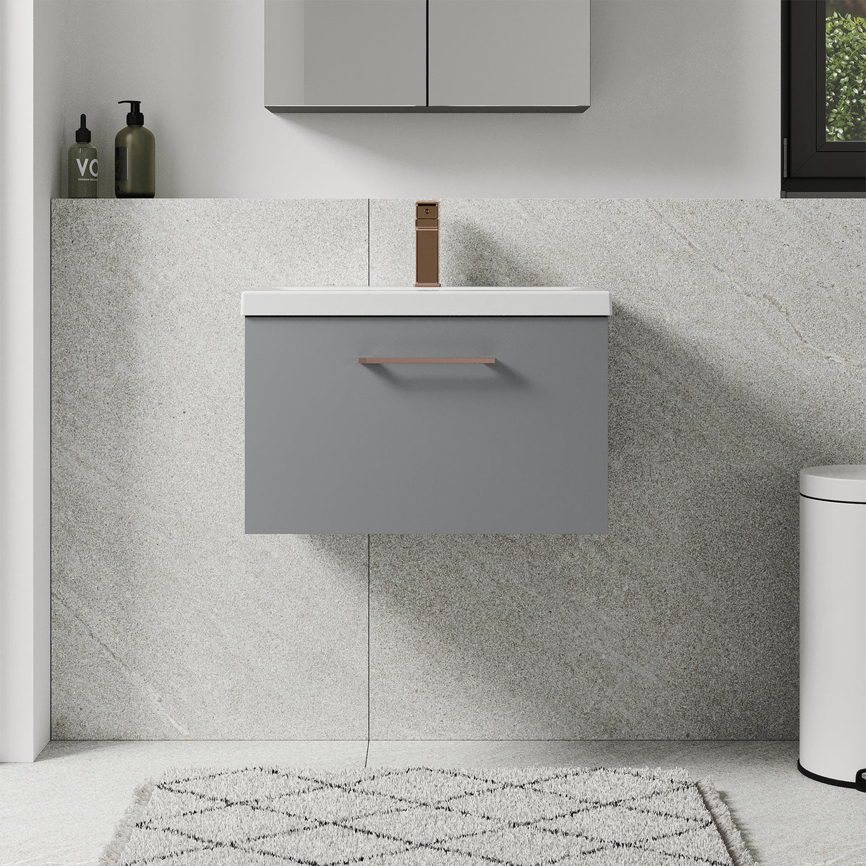 Wall Hung 1 Drawer Vanity Unit with Mid-Edge Ceramic Basin - Choice of Colour, Handle Finish and Size