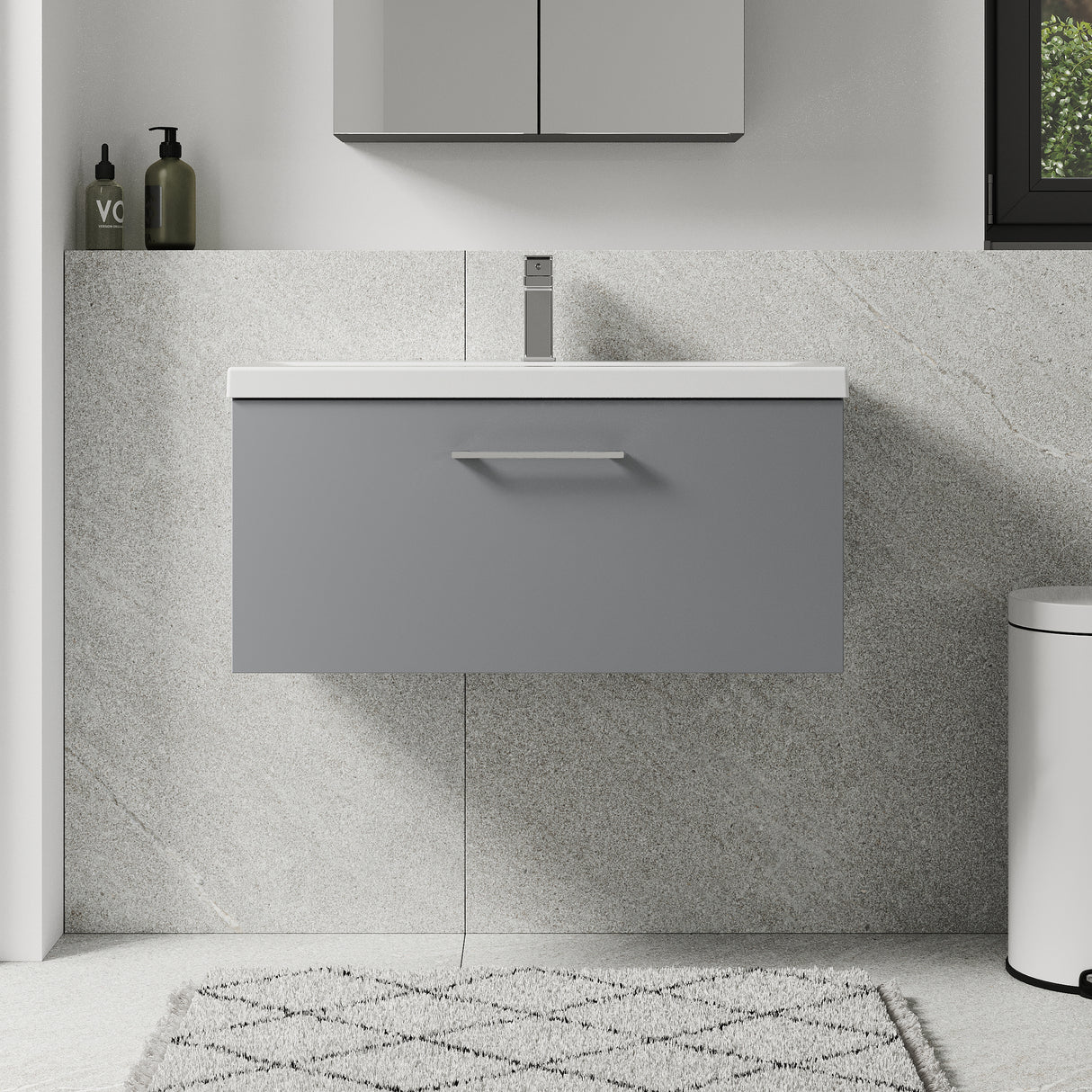 Wall Hung 1 Drawer Vanity Unit with Mid-Edge Ceramic Basin - Choice of Colour, Handle Finish and Size