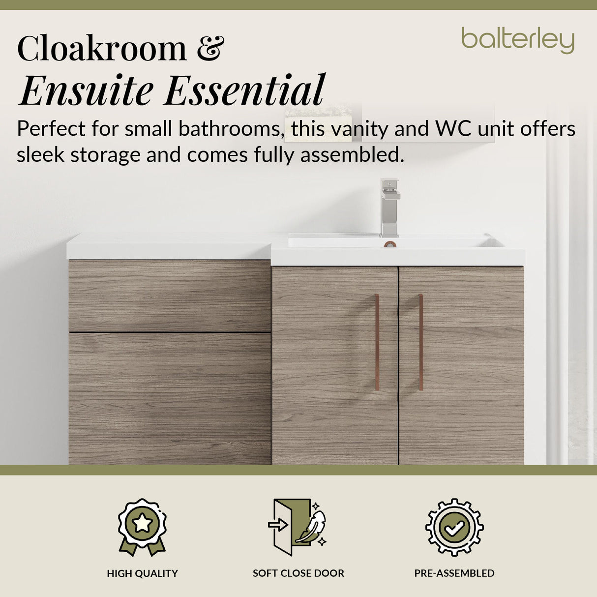 Bathroom Combination Vanity Unit with Basin & WC, Right Hand, 1100mm x 390mm - Choice of Colour and Handle Finish