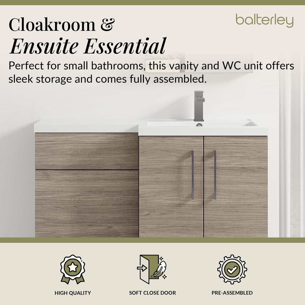Bathroom Combination Vanity Unit with Basin & WC, Right Hand, 1100mm x 390mm - Choice of Colour and Handle Finish
