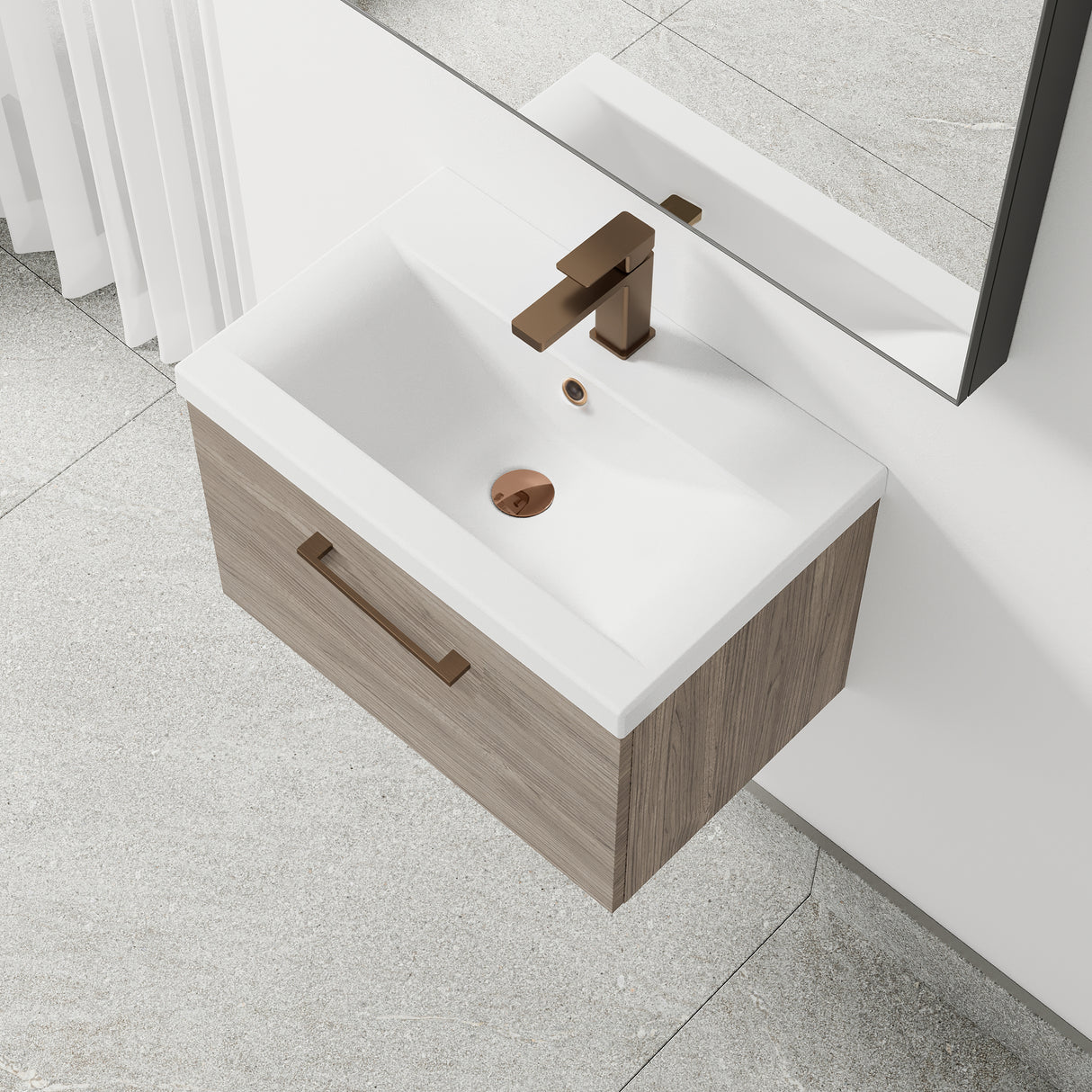 Wall Hung 1 Drawer Vanity Unit with Mid-Edge Ceramic Basin - Choice of Colour, Handle Finish and Size