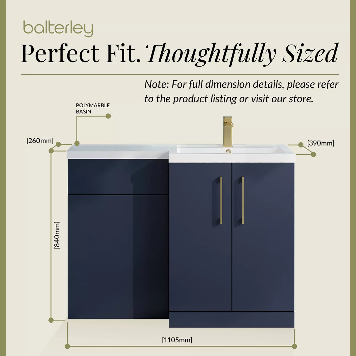 Bathroom Vanity Unit with Basin & WC, Right Hand, 1100mm x 390mm - Choice of Colour
