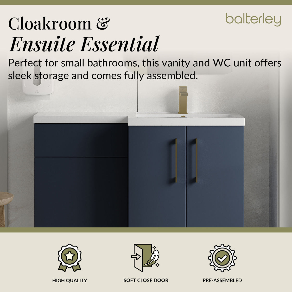 Bathroom Combination Vanity Unit with Basin & WC, Right Hand, 1100mm x 390mm - Choice of Colour and Handle Finish