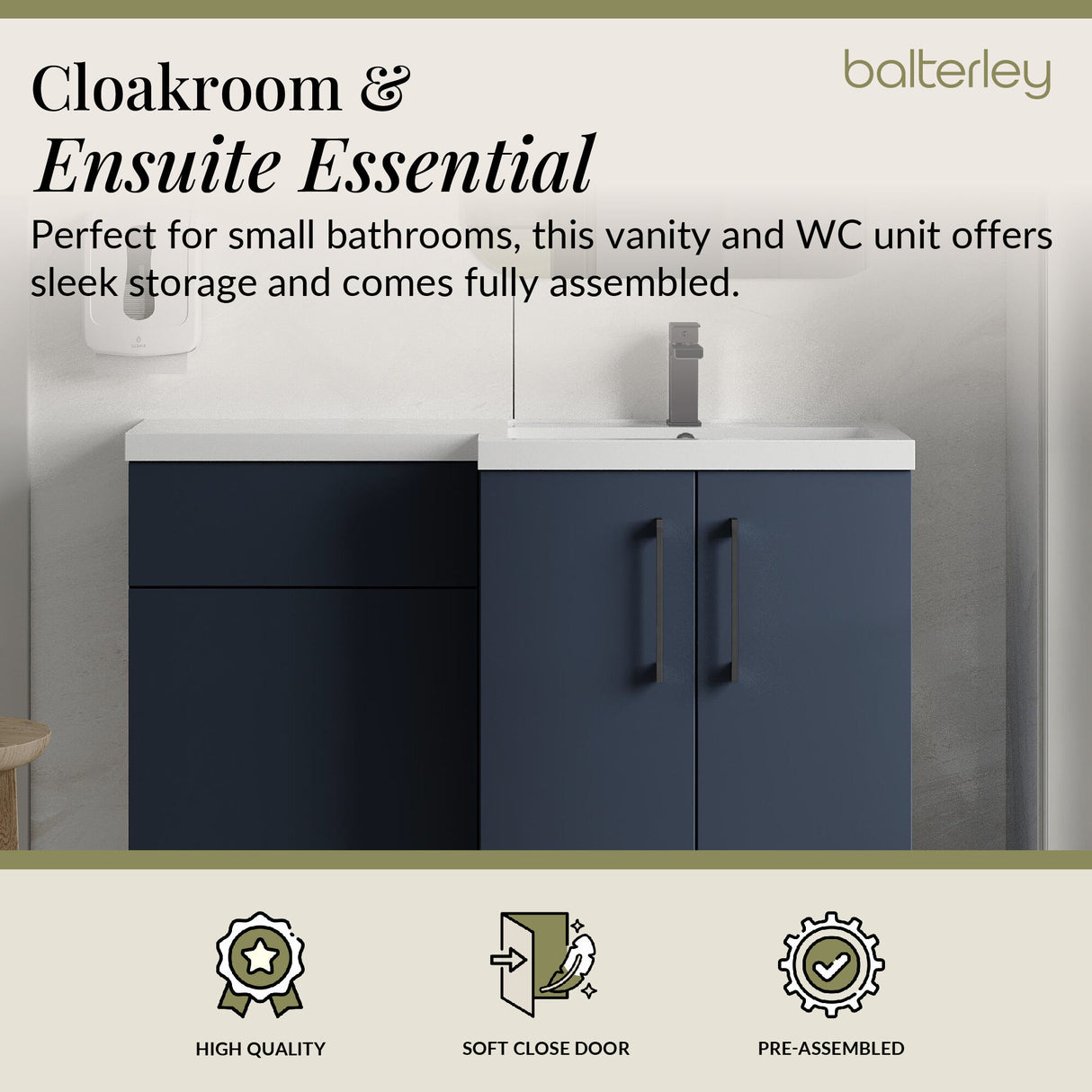Bathroom Combination Vanity Unit with Basin & WC, Right Hand, 1100mm x 390mm - Choice of Colour and Handle Finish