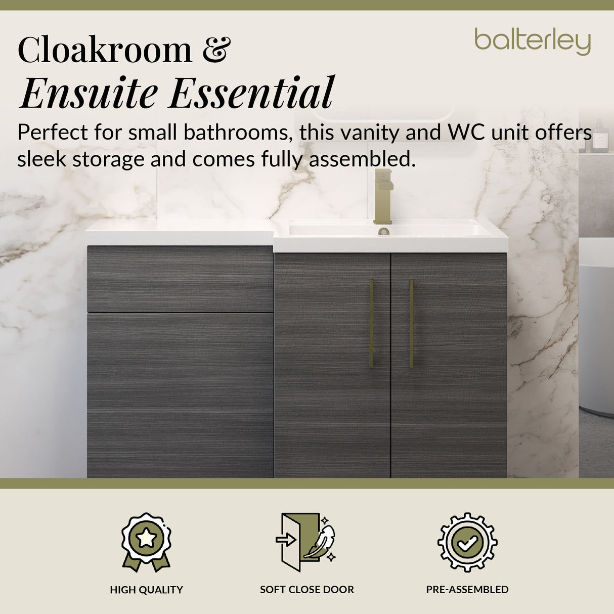 Bathroom Combination Vanity Unit with Basin & WC, Right Hand, 1100mm x 390mm - Choice of Colour and Handle Finish